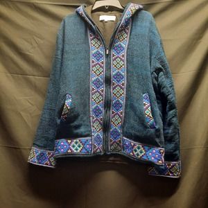 Sabai Sabai Blue Aztec Trim Hooded Zip Up Jacket XL